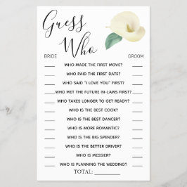 Calla Lily gissar Vem Möhippa-spelkort? Flygblad