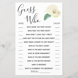 Calla Lily gissar Vem Möhippa-spelkort? Flygblad