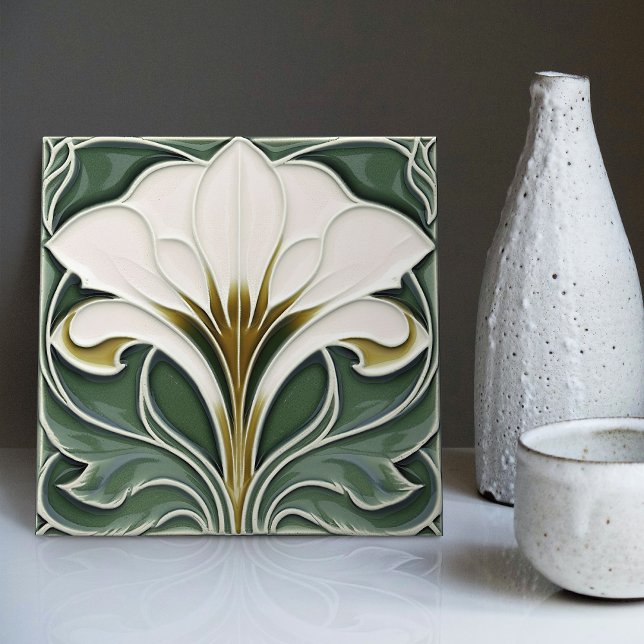 Calla Lily Grönt Blommigt Wall Decor Art nouveau Kakelplatta (Skapare uppladdad)