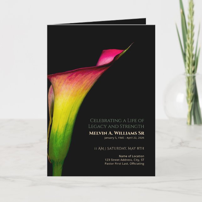 Calla Lily-minnesgudstjänst Röd Gul Grön Program (Framsida)