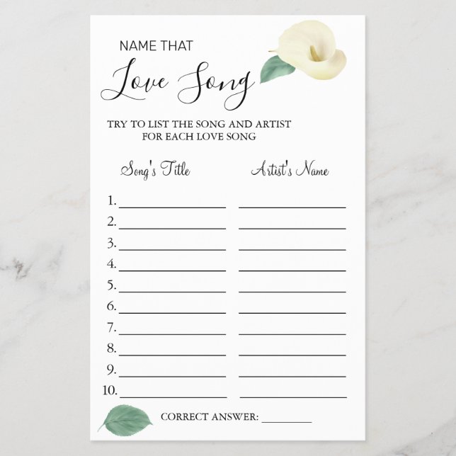 Calla Lily Namn som kärlek sång-jaktkort Flygblad (Framsidan)