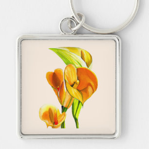 Calla lily orange floal vattencolor fyrkantig silverfärgad nyckelring