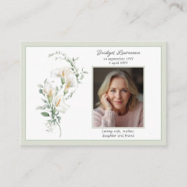 Calla Lily Sage Green Memorial Photo Prayer Card Visitkort