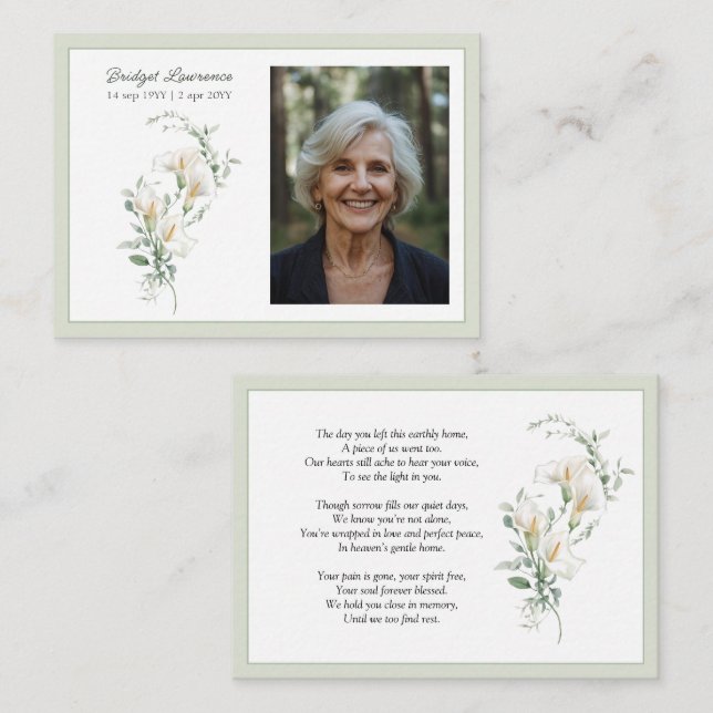 Calla Lily Sage Green Memorial Photo Prayer Card Visitkort (Fram/baksida)