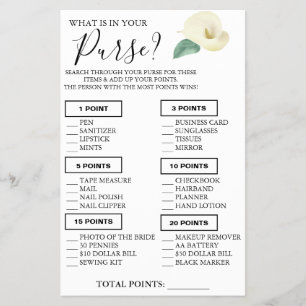 Calla Lily What is in your purse Shower-spelkortet Flygblad