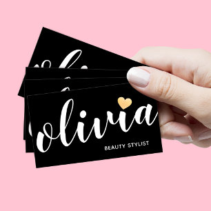 Calligrafi av Cute Black White Guld Heart Visitkort
