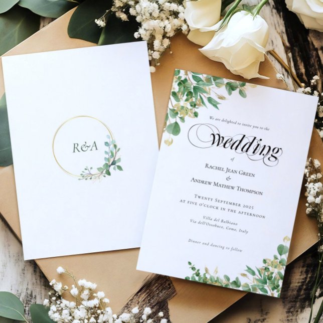 Calligrafi Eucalyptus Guld Monogram Bröllop (Skapare uppladdad)