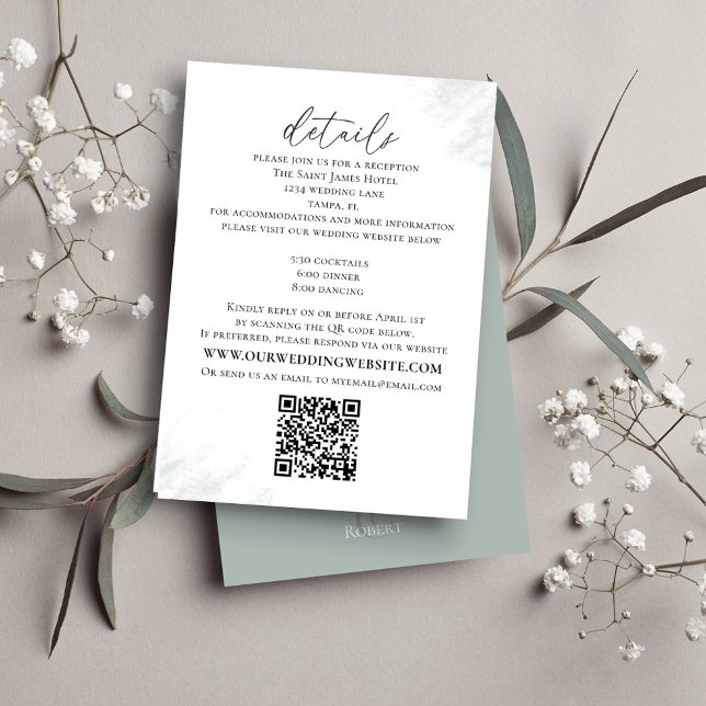 Calligrafi för Grönt av QR-kod i bröllop Tilläggskort (Green watercolor RSVP details card with QR Code. )