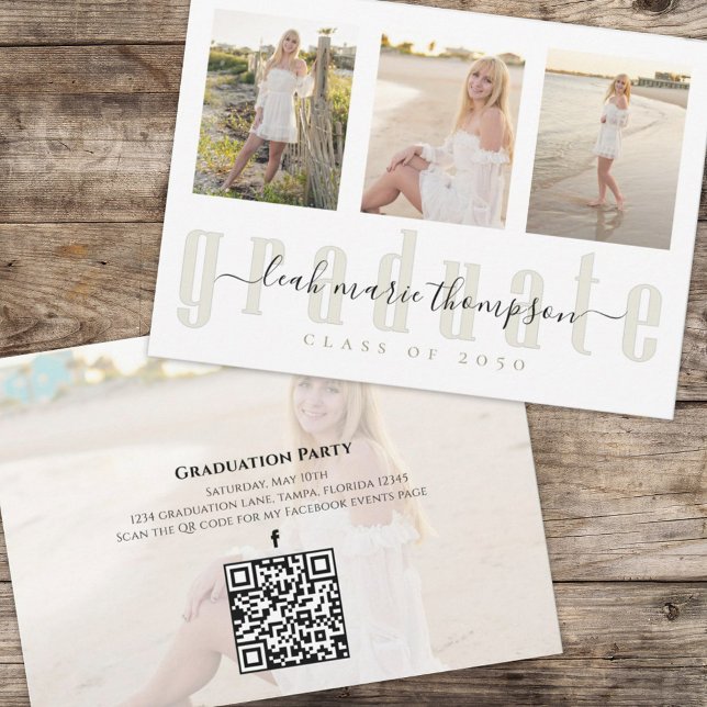 Calligrafi guld Student QR-kod Social Media Inbjudningar (Graduation graduate typography multi-photo invitation. )