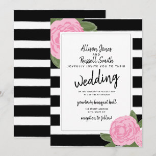 Calligrafi Rosa ros Black + White Rand Bröllop Inbjudningar