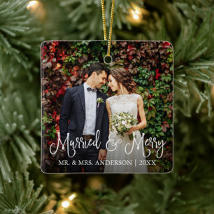 Calligrafi-skript, gift och Merry Bröllop-foto Julgransprydnad Keramik