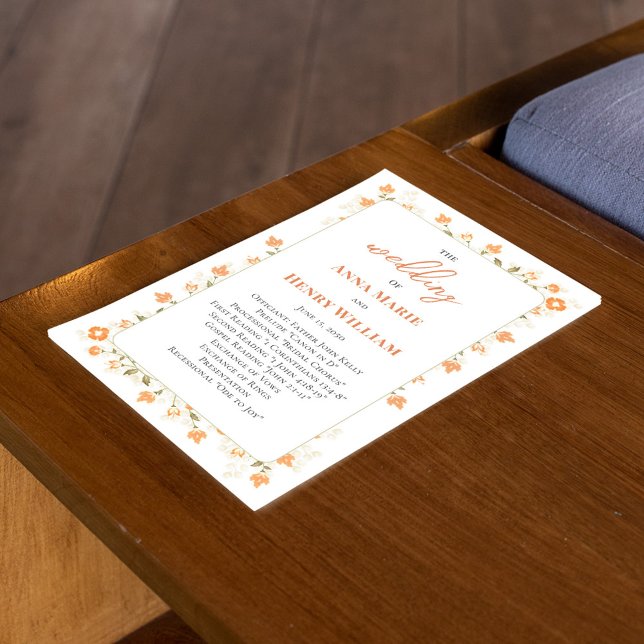 Calligrafiprogrammet Peach Blommigt Bröllop (Welcome wedding program with elegant peach floral greenery and calligraphy script. )