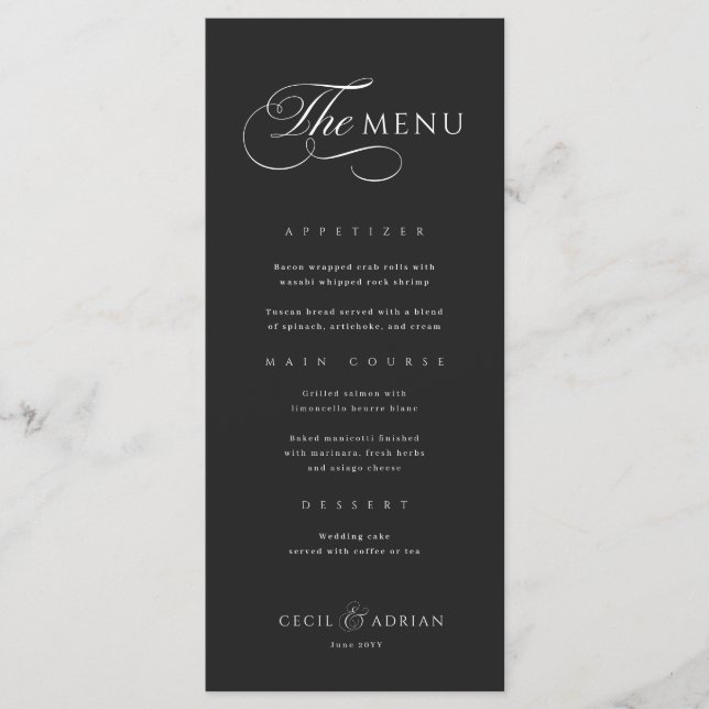 Calligraphic Elegant Black Wedding Menu Meny (Framsida)