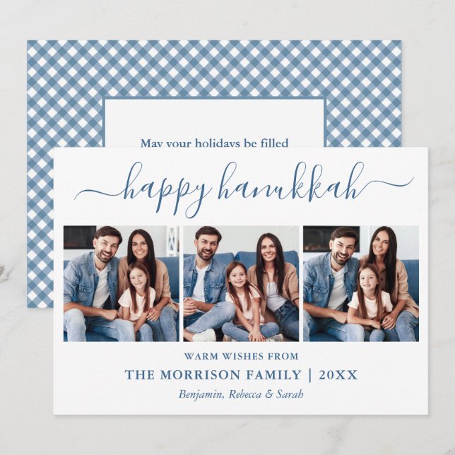 Calligraphy 3 Photo Dusty Blue Gingham Hanukkah Julkort (Fram/baksida)
