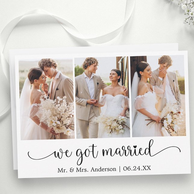 Calligraphy 3 Photo Heart We Got Married Meddelande (Customize to change your personalized text size, text style or to add text to back of card.)