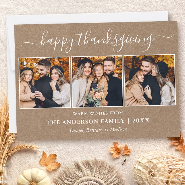 Calligraphy 3 Photo Kraft Thanksgiving Julkort (Customize to add text to back of card.)