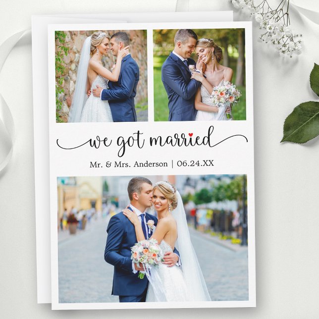 Calligraphy 3 Photo Red Heart We Got Married Meddelande (Customize to change your personalized text size, text style or to add text to back of card.)