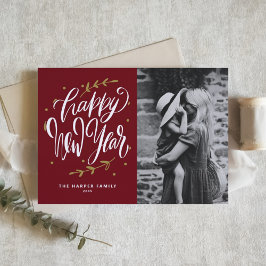 Calligraphy and Wreath New Year Photo Burgundy Helgkort