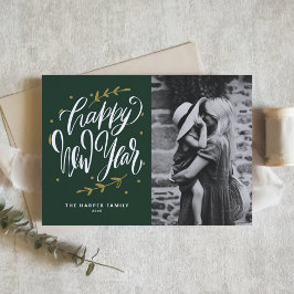 Calligraphy and Wreath New Year Photo Green Helgkort