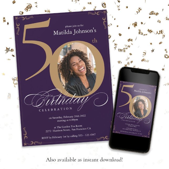 Calligraphy Anpassningsbar Photo Guld Lila 50:e fö Inbjudningar (Purple Gold 50th Birthday Calligraphy Custom Photo Invitation
)