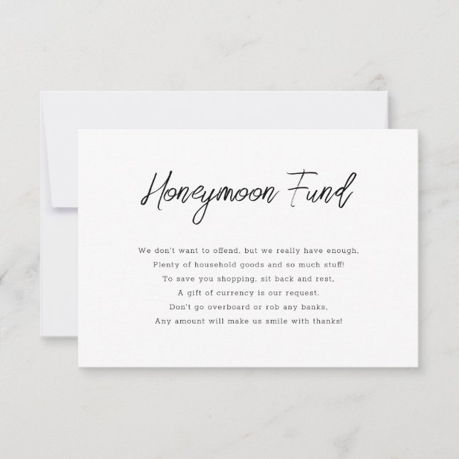 Calligraphy Black and White Honeymoon Fund Card Inbjudningar (Framsida)