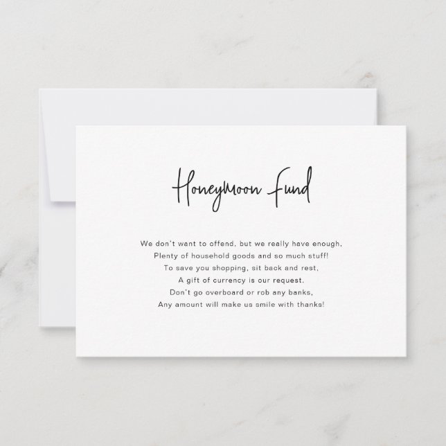Calligraphy Black and White Honeymoon Fund Card Inbjudningar (Framsida)