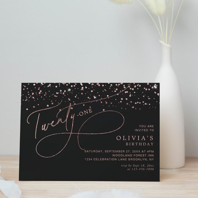 Calligraphy Black Ro Guld Confetti 21:a födelsedag Inbjudningar (Skapare uppladdad)