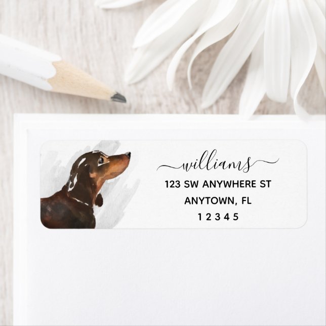 Calligraphy Black Tan Dachshund Returadress Etikett (Insitu)