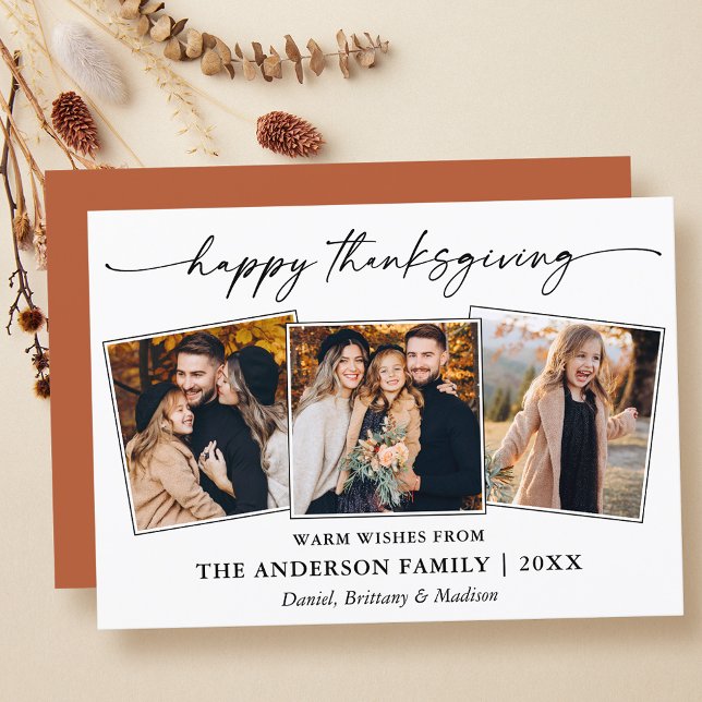 Calligraphy Bläck Thanksgiving Terracotta 3 Foton Julkort (Customize to change your personalized text size, text style or to add more text to back of card.)