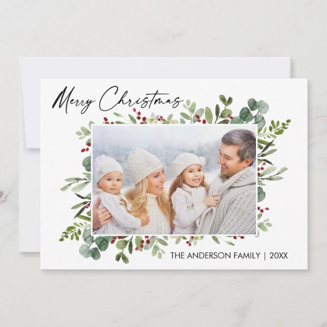 Calligraphy Bläck Watercolor Greenery Berries Phot Julkort (Framsida)