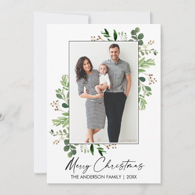 Calligraphy Bläck Watercolor Greenery jul Julkort (Framsida)