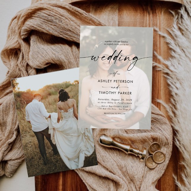 Calligraphy Black & White Overlay Photo Bröllop Inbjudningar (Skapare uppladdad)