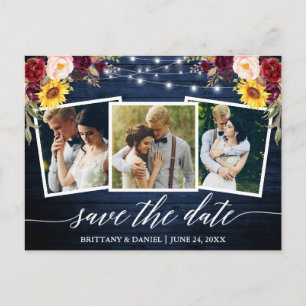 Calligraphy Blommigt Blue Wood Save Date Vykort