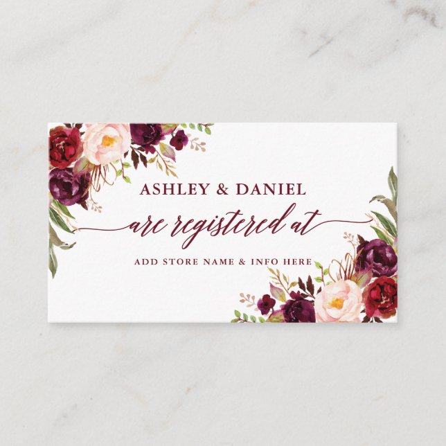 Calligraphy Blommigt Bröllop Registry Burgundy Tilläggskort (Framsida)