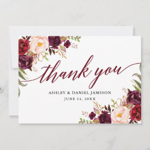 Calligraphy Blommigt Burgundy Bröllop Tack Kort