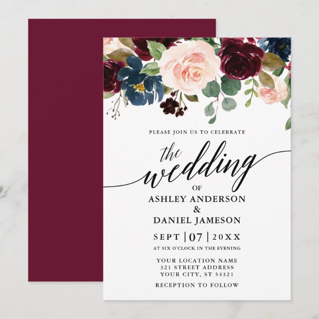 Calligraphy Blommigt Burgundy Rosa Blue Bröllop Inbjudningar (Fram/baksida)
