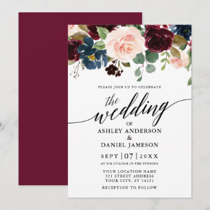Calligraphy Blommigt Burgundy Rosa Blue Bröllop Inbjudningar
