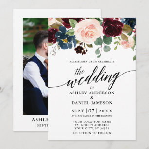 Calligraphy Blommigt Burgundy Rosa Photo Bröllop Inbjudningar