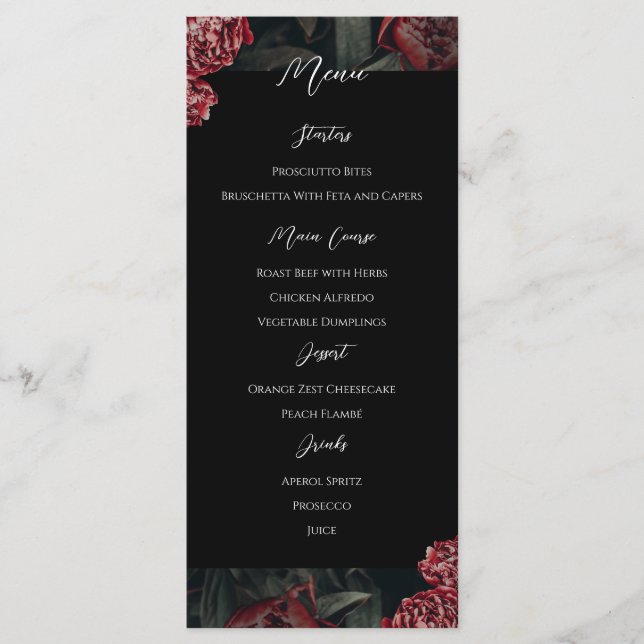 Calligraphy Blommigt Peony Gothic Bröllop Menu Meny (Framsida)