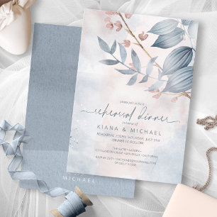 Calligraphy Blommigt Rehearsal Dinner Blue ID771 Inbjudningar