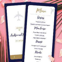 Calligraphy Blue Boarding Pass Bröllop Menu Meny