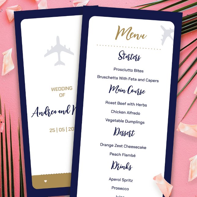 Calligraphy Blue Boarding Pass Bröllop Menu Meny (Calligraphy Blue Boarding Pass Wedding Menu)