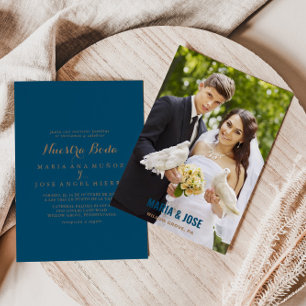 Calligraphy Blue Brown Photo Nuestra Boda Bröllop Inbjudningar