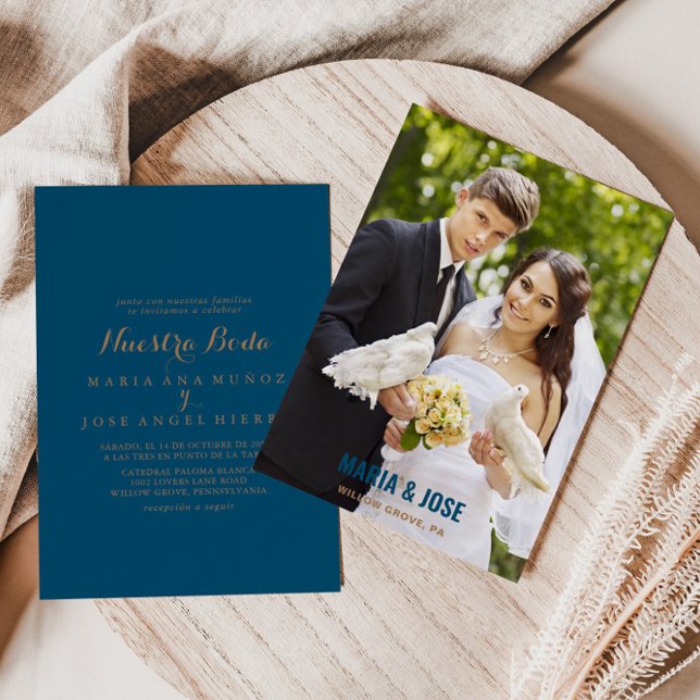 Calligraphy Blue Brown Photo Nuestra Boda Bröllop Inbjudningar (Skapare uppladdad)