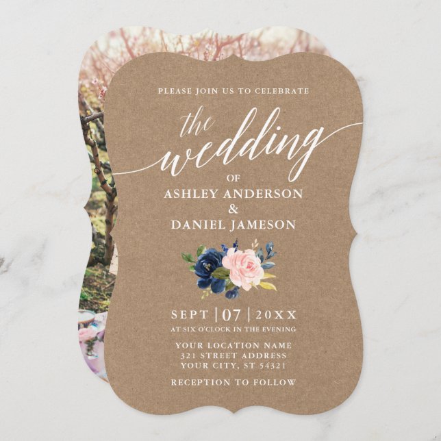 Calligraphy Blue Rosa Blommigt Bröllop Kraft Photo Inbjudningar (Fram/baksida)