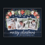 Calligraphy Blue Wood 3 Photo Watercolor Blommigt Vykort<br><div class="desc">Modern Elegant Calligraphy Script,  Watercolor Winter Blommigt,  String Ljus Couple 3 Photo God jul Postcard innehåller vattenfärgsröda poinsettias,  vit ros,  hollybär,  gräs-koner och botaniskt grönt löv. Rustic Land Blue Wood.</div>