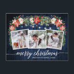 Calligraphy Blue Wood 3 Photo Watercolor Blommigt Vykort<br><div class="desc">Modern Elegant Calligraphy Script,  Watercolor Winter Blommigt,  String Ljus Couple 3 Photo God jul Postcard innehåller vattenfärgsröda poinsettias,  vit ros,  hollybär,  gräs-koner och botaniskt grönt löv. Rustic Land Blue Wood.</div>