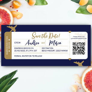 Calligraphy Boarding Pass Bröllop spara datum