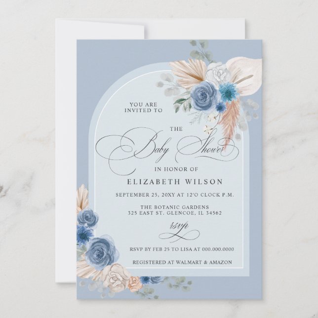 Calligraphy Boho Dusty Blue Pampas Baby Shower Inbjudningar (Framsida)