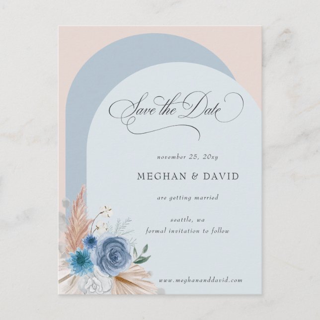 Calligraphy Boho Dusty Blue Pampas Save Date Meddelande Vykort (Framsida)